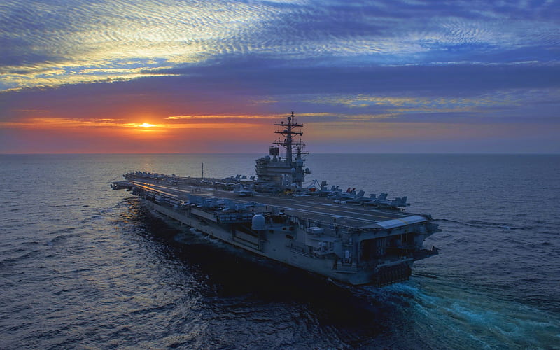 USS Ronald Reagan, ocean, sunset, CVN-76, aircraft carrier, HD wallpaper