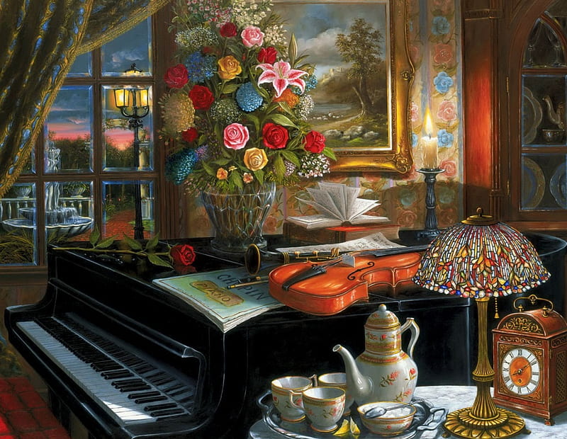 The ensemble, art, cozy, window, romantic, view, endemble, music, home, bonito, tea, piano, bouquet, painting, room, HD wallpaper