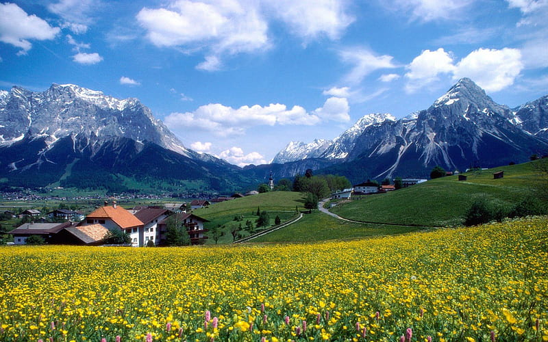 spring alpine landscape in france, village, clouds, mountains, meadows, HD wallpaper