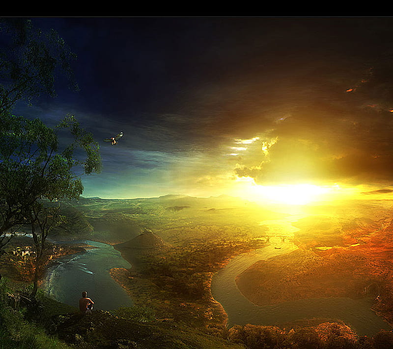 Fantastic Sky, sun, fantastic, golden, man, trees, sky, bright, hilltop, sitting, river, HD wallpaper